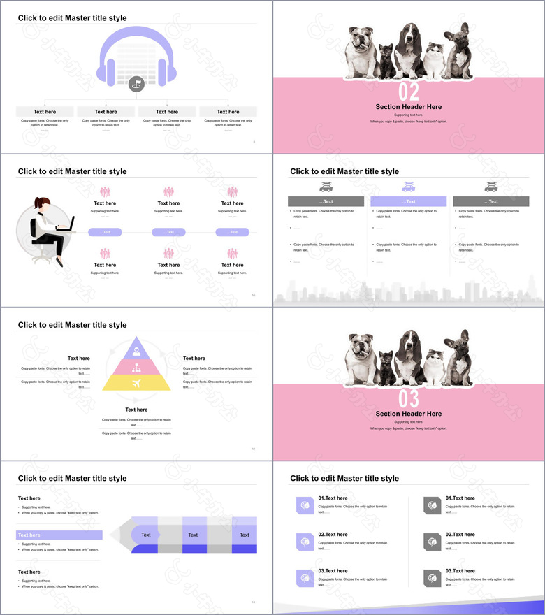 紫色创意几何风宠物动物通用主题PPT模板下载no.2