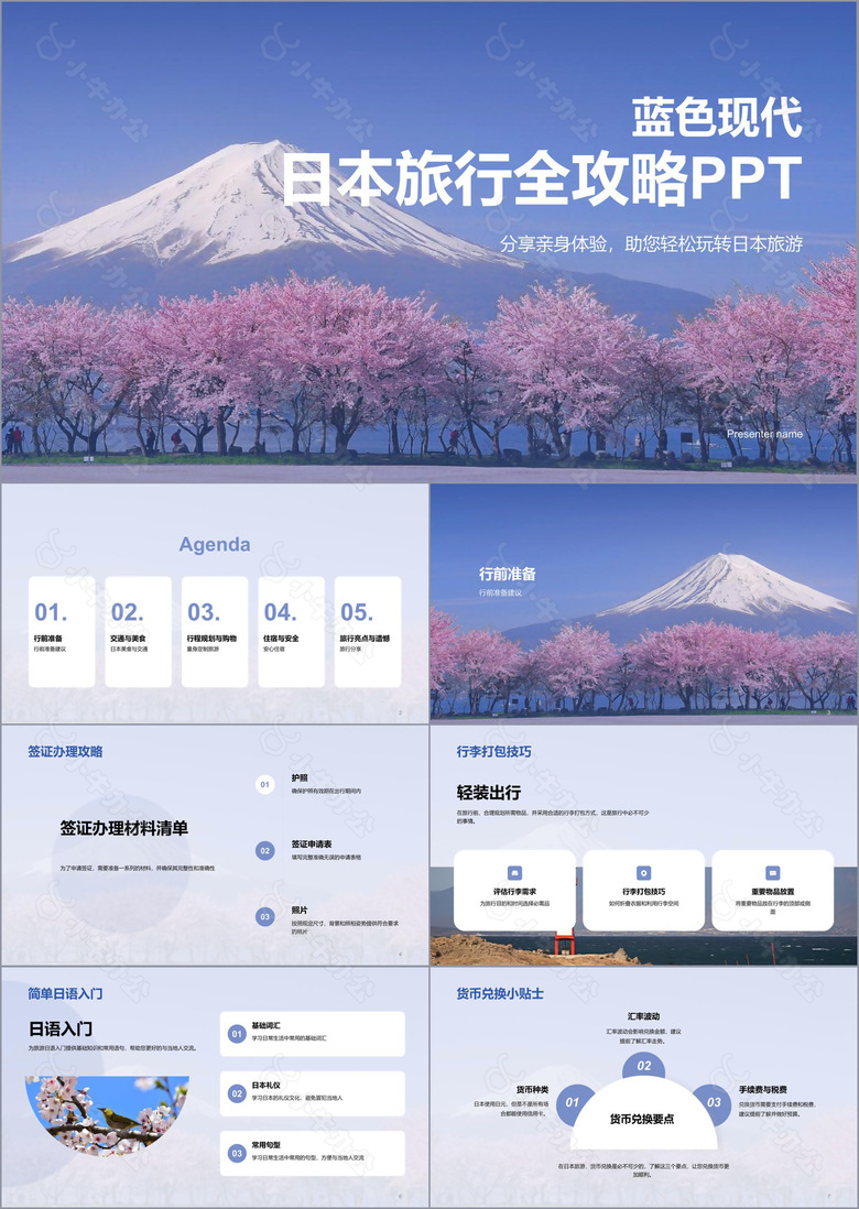 蓝色现代日本旅行全攻略PPT模板