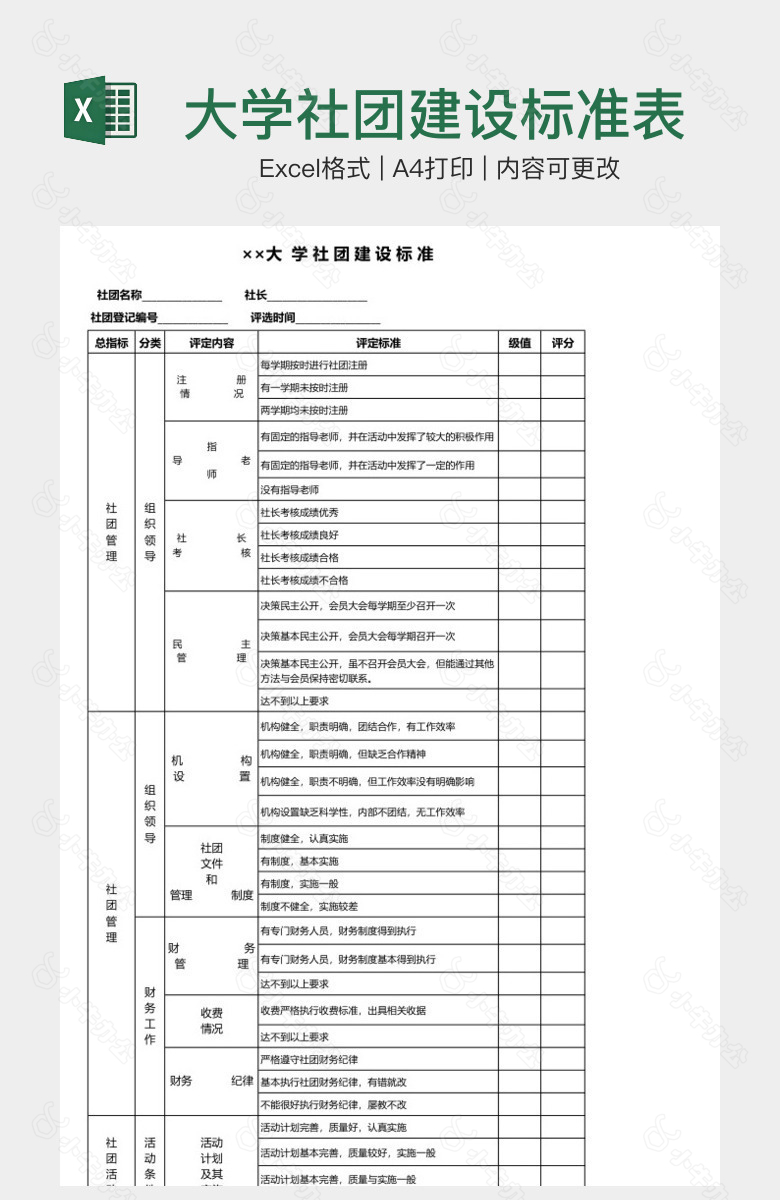 大学社团建设标准表