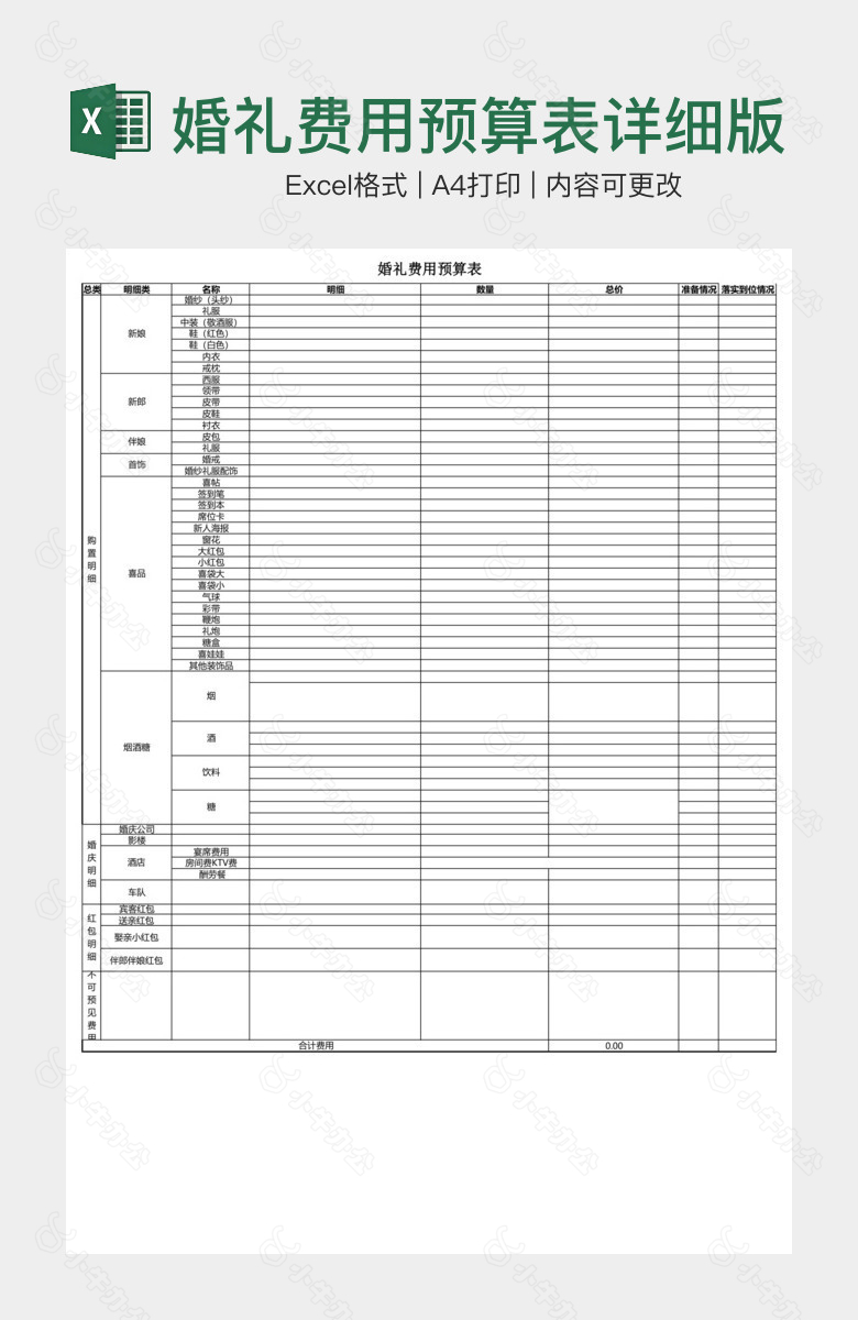 婚礼费用预算表详细版