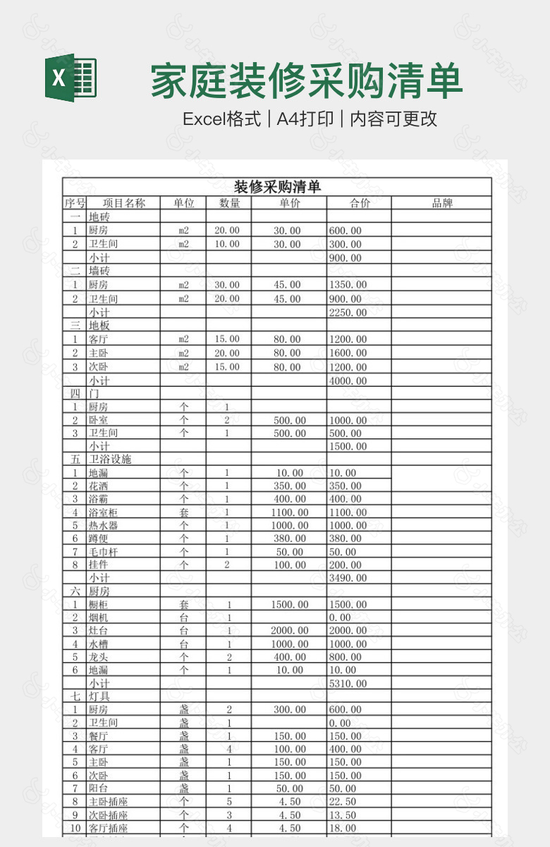 家庭装修采购清单