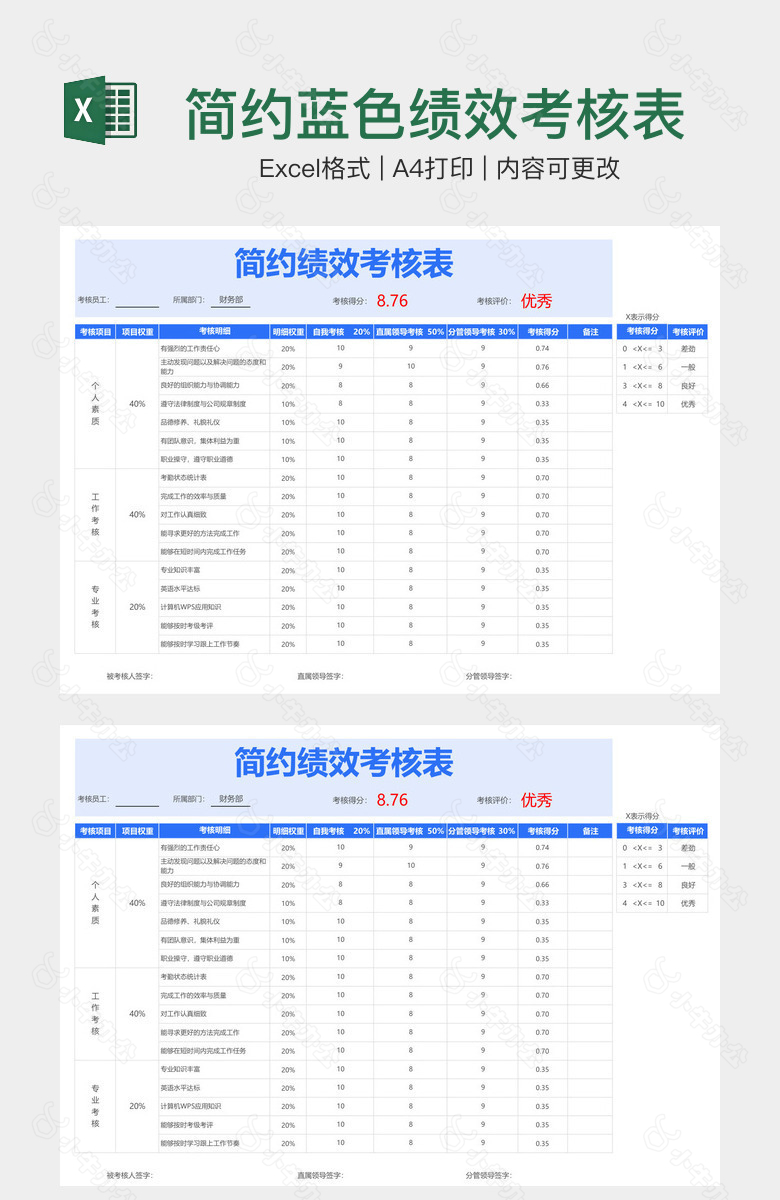 简约蓝色绩效考核表