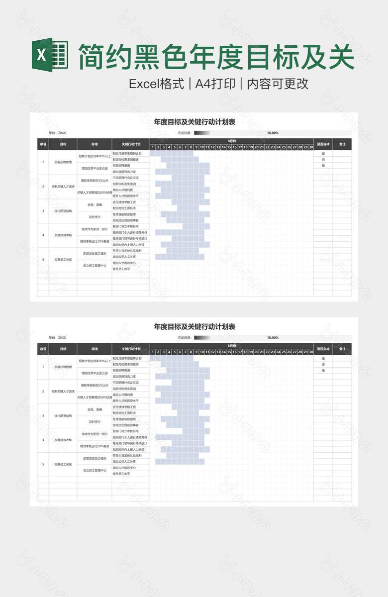 简约黑色年度目标及关键行动计划表