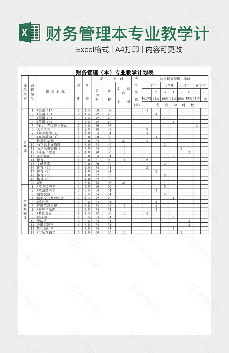 财务管理本专业教学计划表