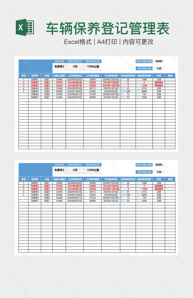 车辆保养登记管理表