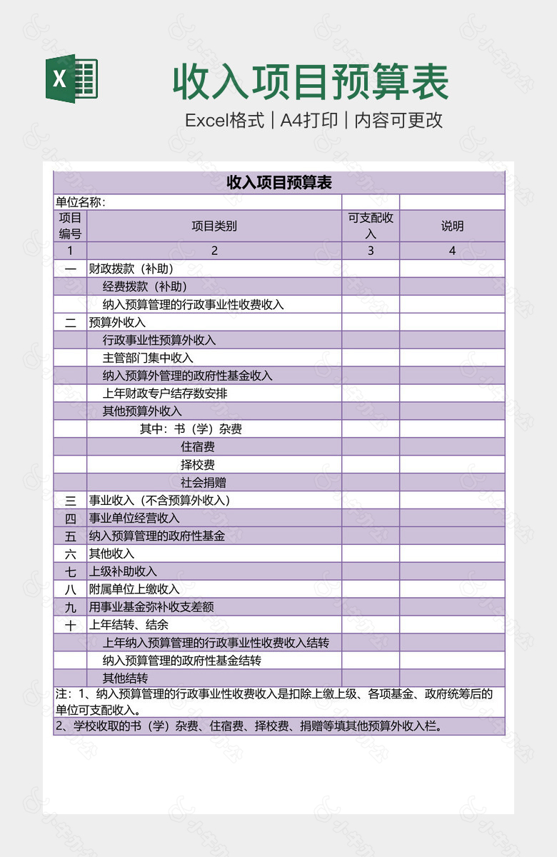 收入项目预算表