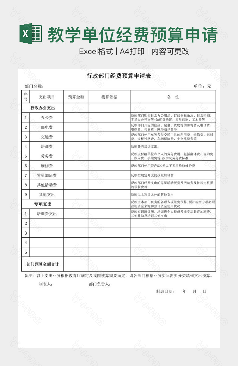 教学单位经费预算申请表