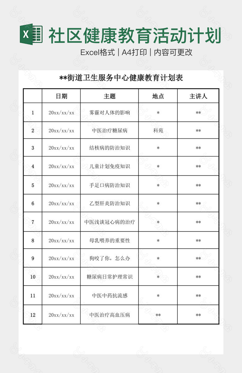 社区健康教育活动计划登记表