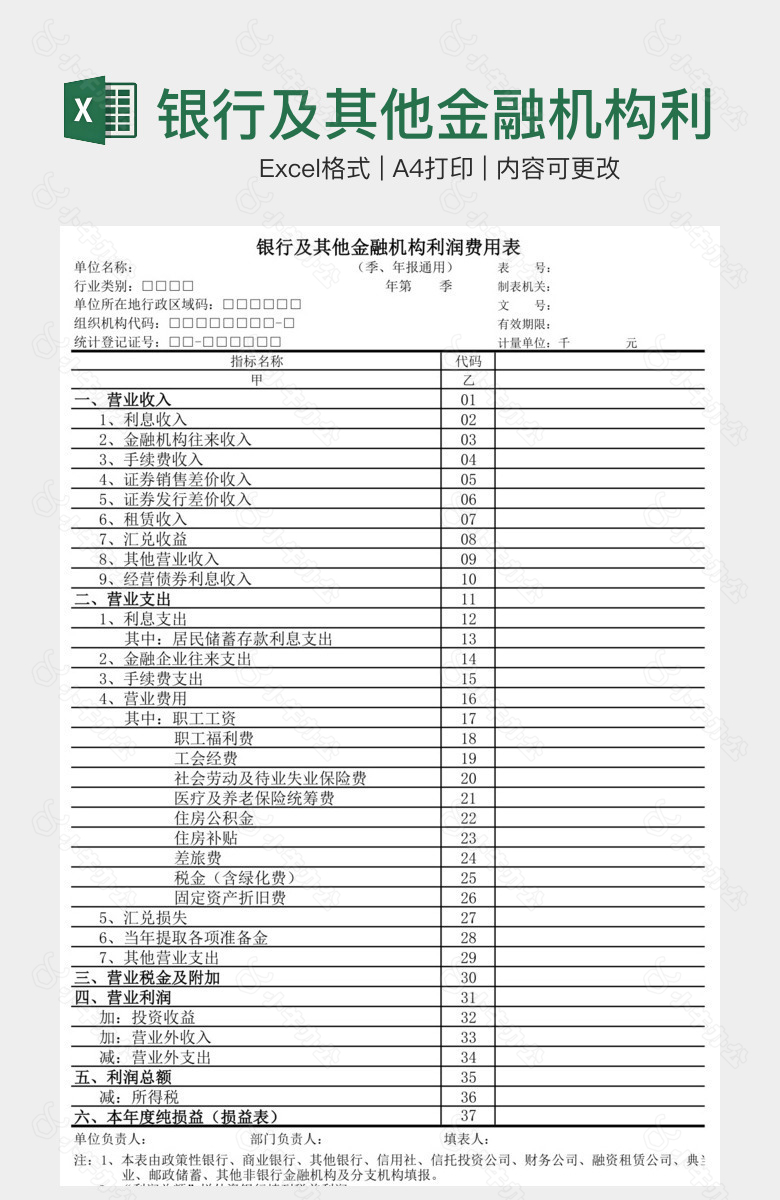 银行及其他金融机构利润费用表