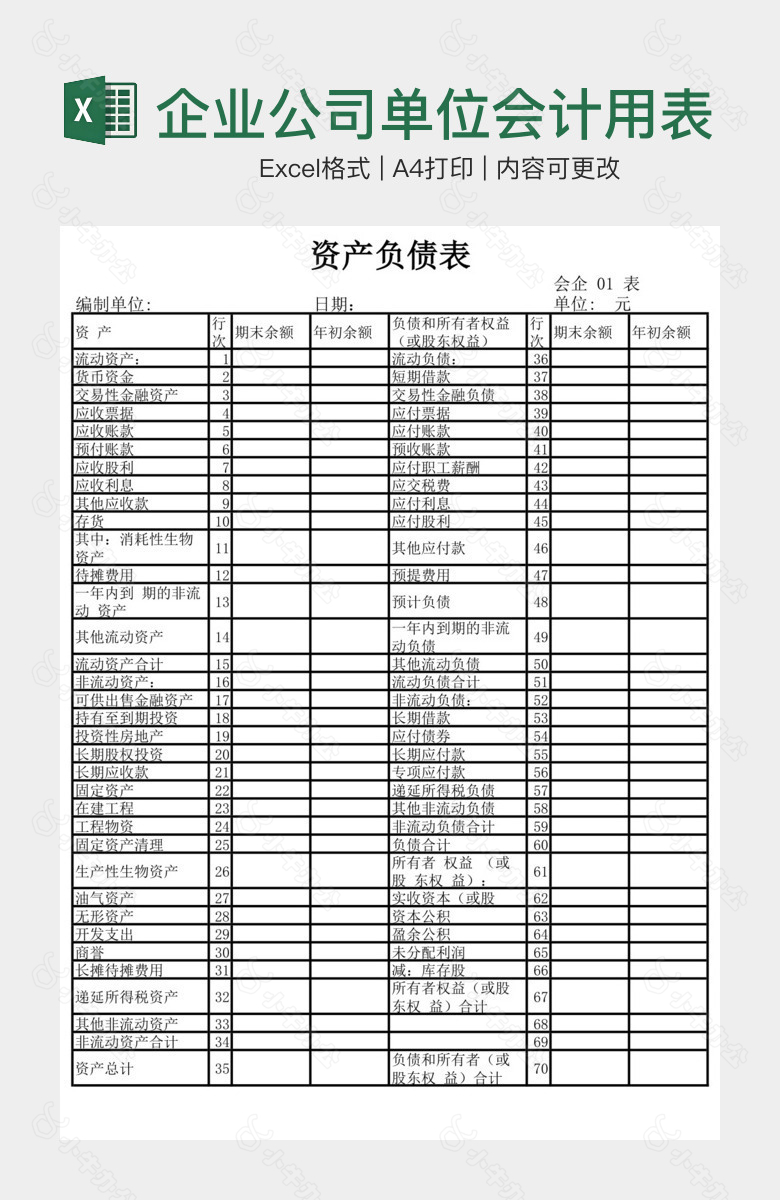 企业公司单位会计用表