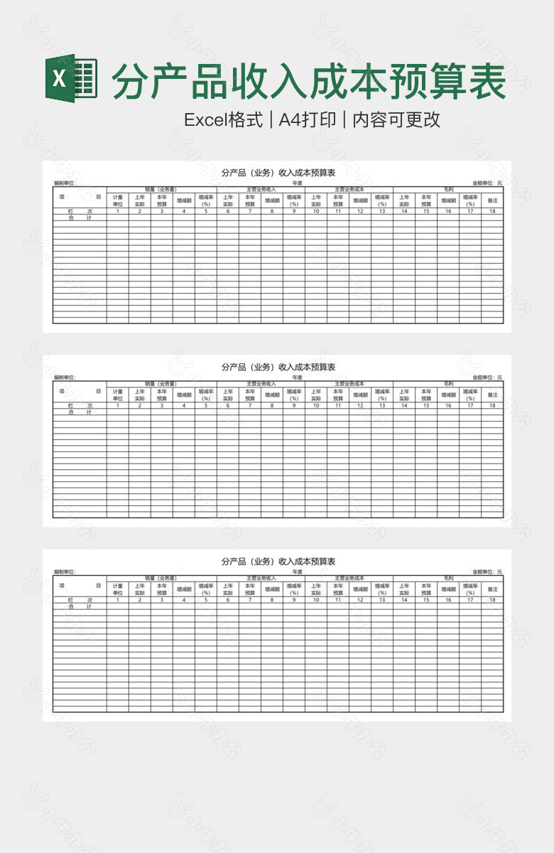 分产品收入成本预算表