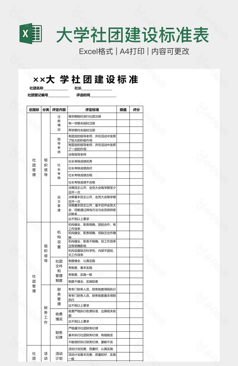 大学社团建设标准表