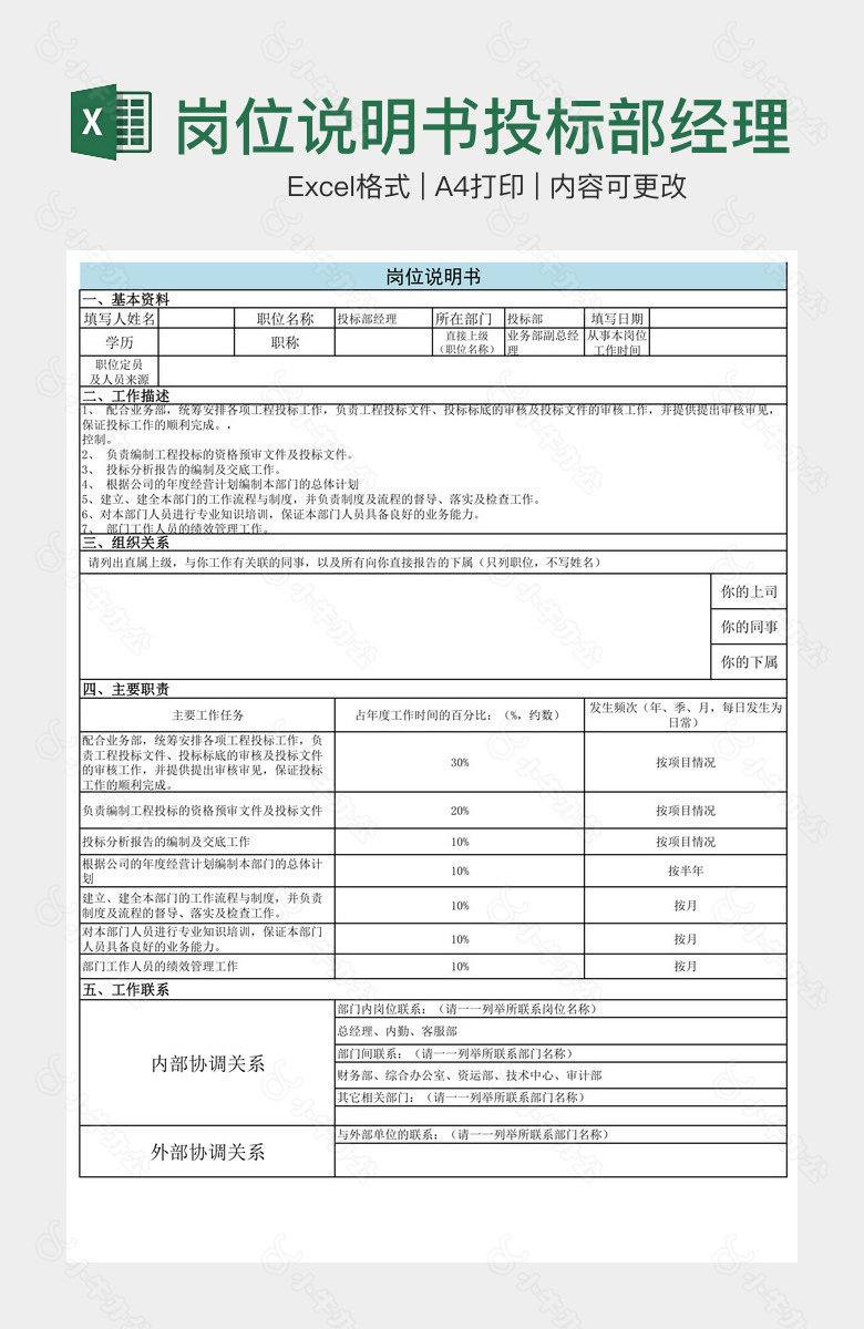 岗位说明书投标部经理