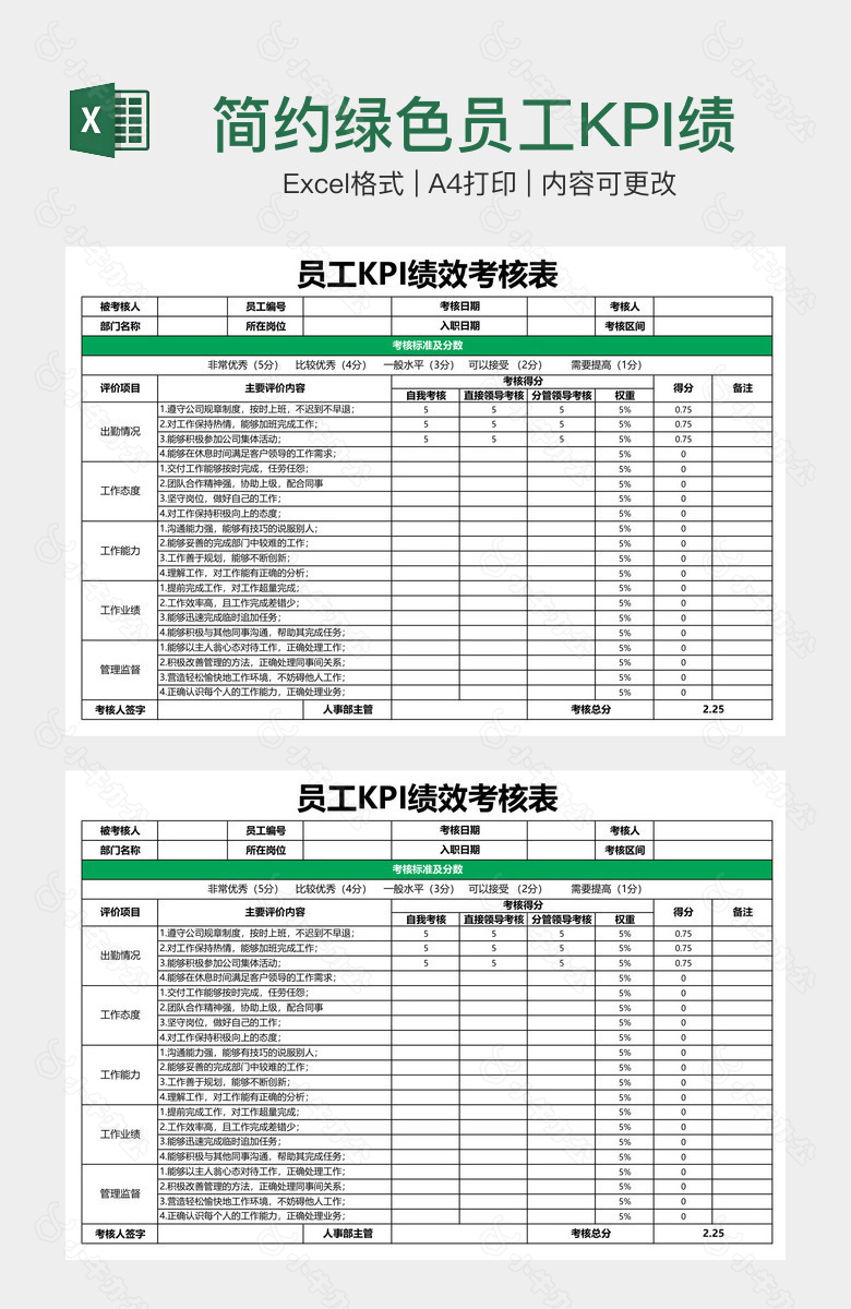 简约绿色员工KPI绩效考核表