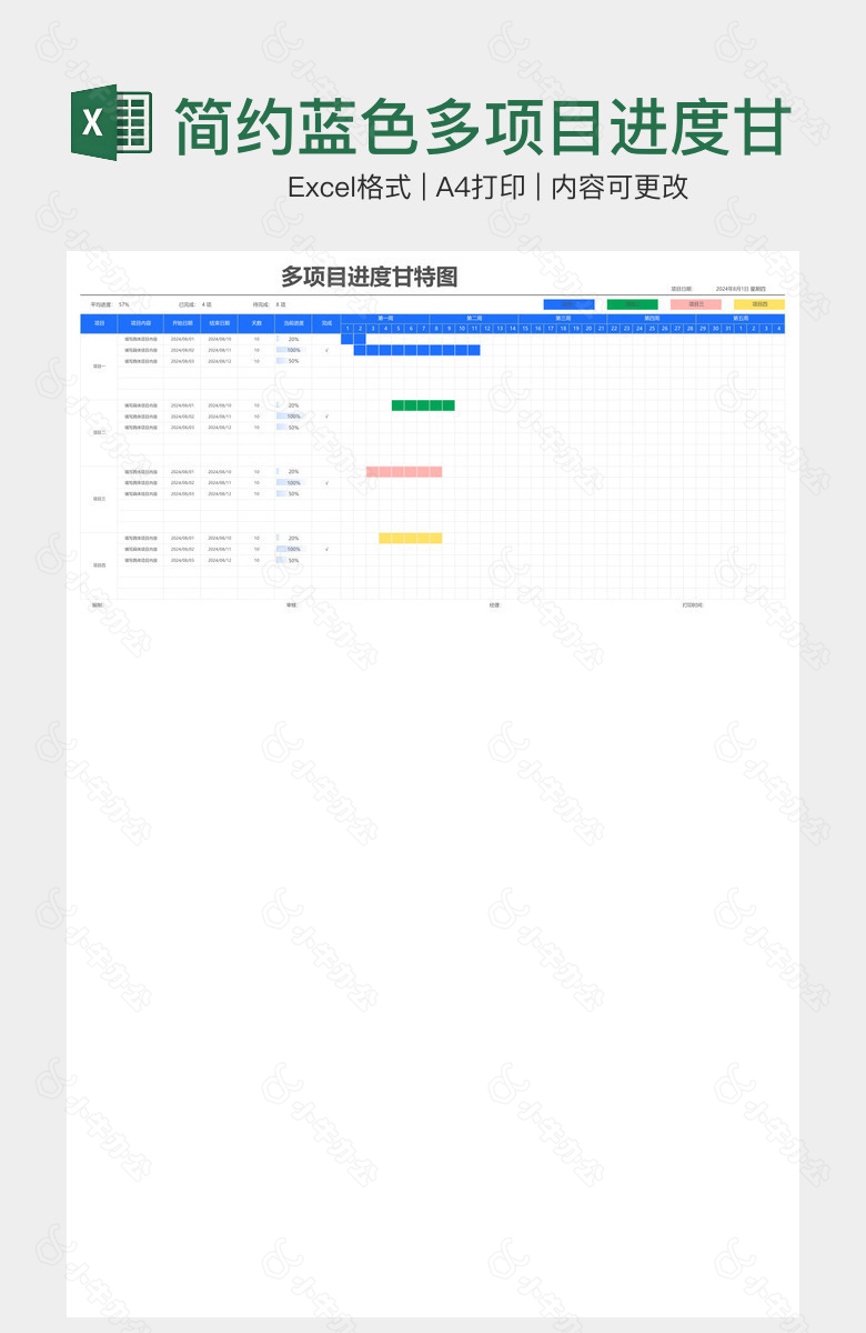 简约蓝色多项目进度甘特图