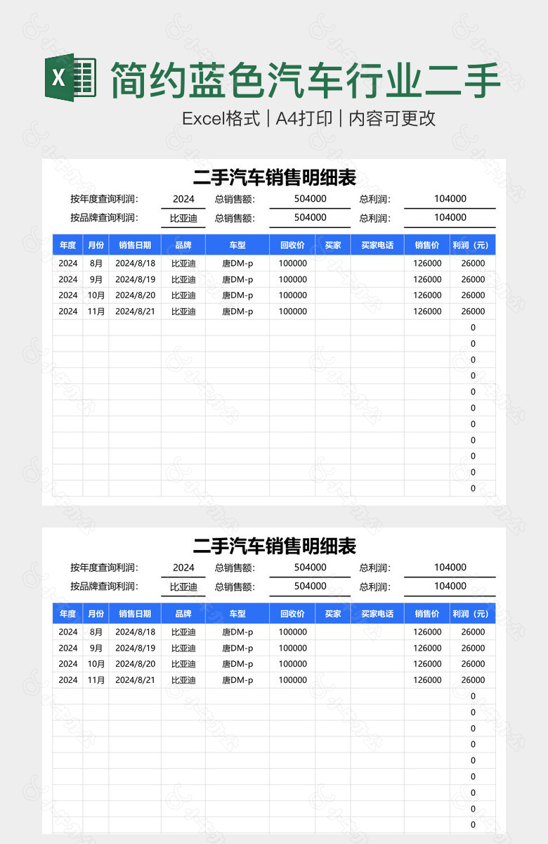 简约蓝色汽车行业二手车销售明细表