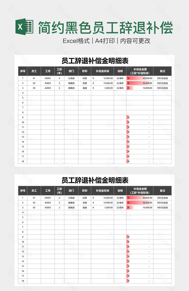 简约黑色员工辞退补偿金明细表