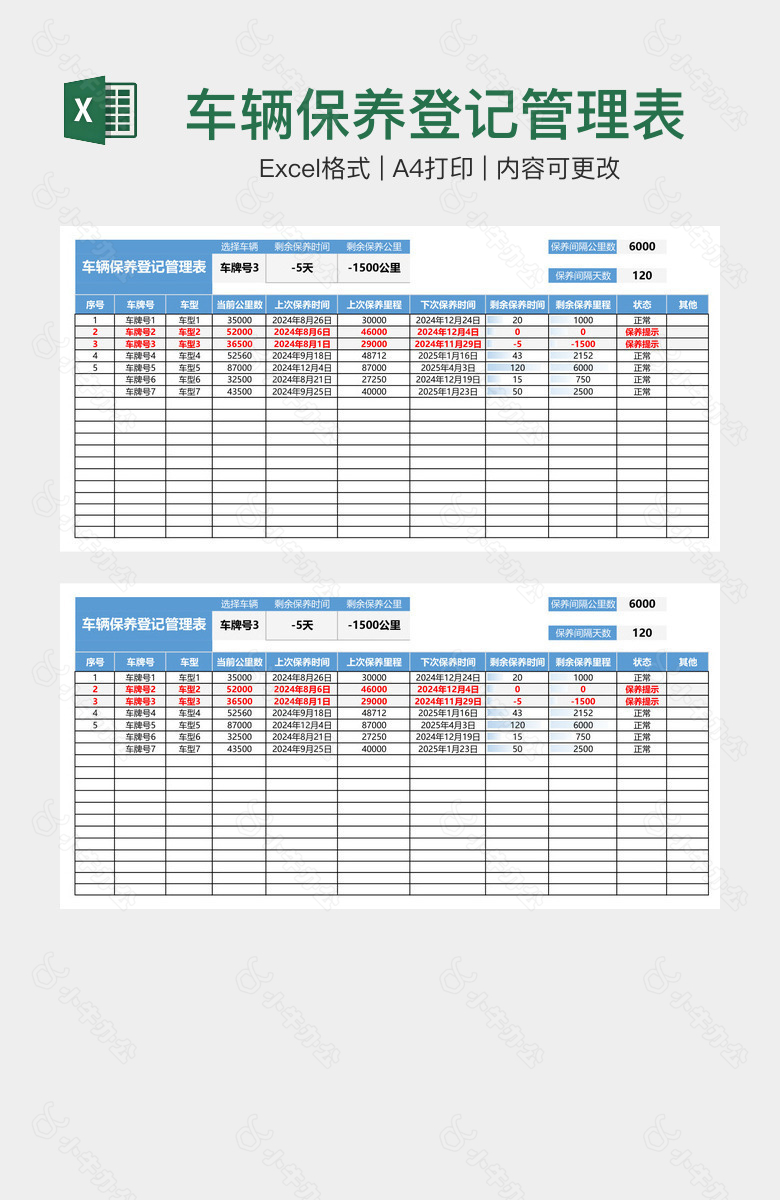 车辆保养登记管理表