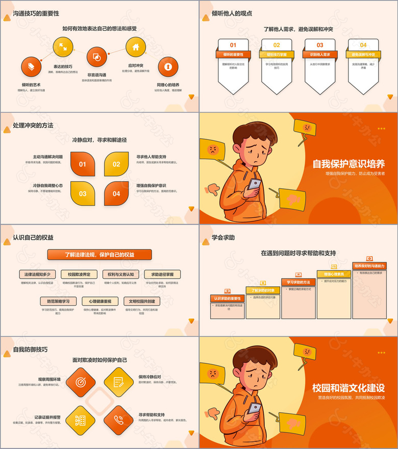 橙色手绘风防止校园欺凌PPT模板no.2