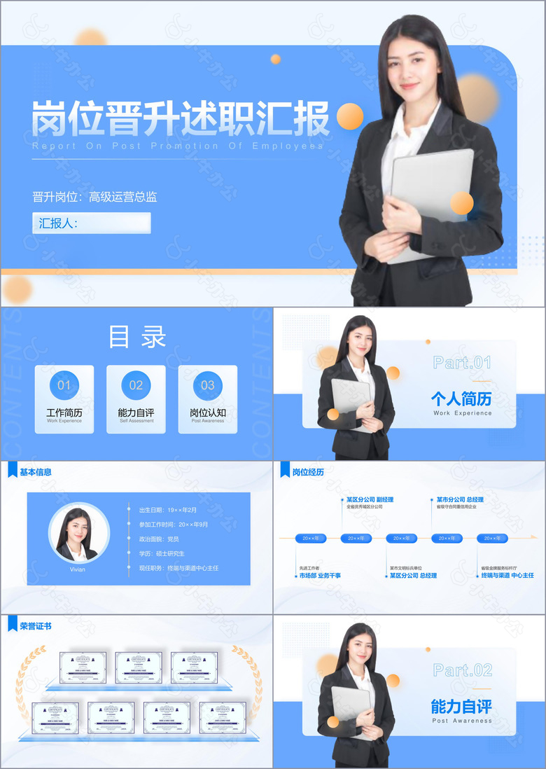 蓝橙色商务风岗位晋升述职汇报PPT模板