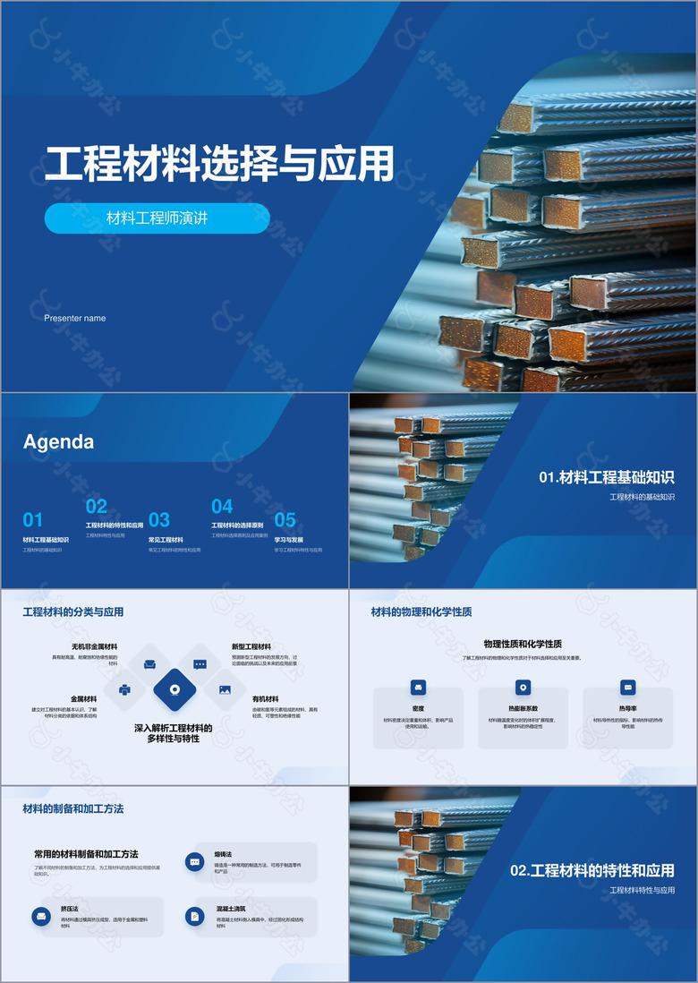 蓝色商务简约工程材料建材介绍PPT模板