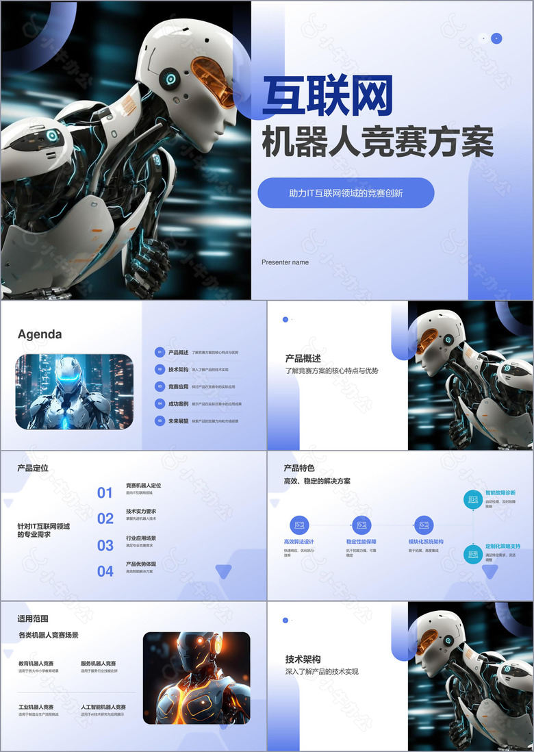 蓝色科技风机器人竞赛方案PPT模板