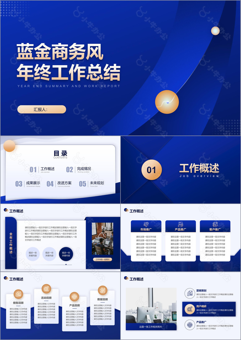 蓝金商务风年终工作总结PPT模板