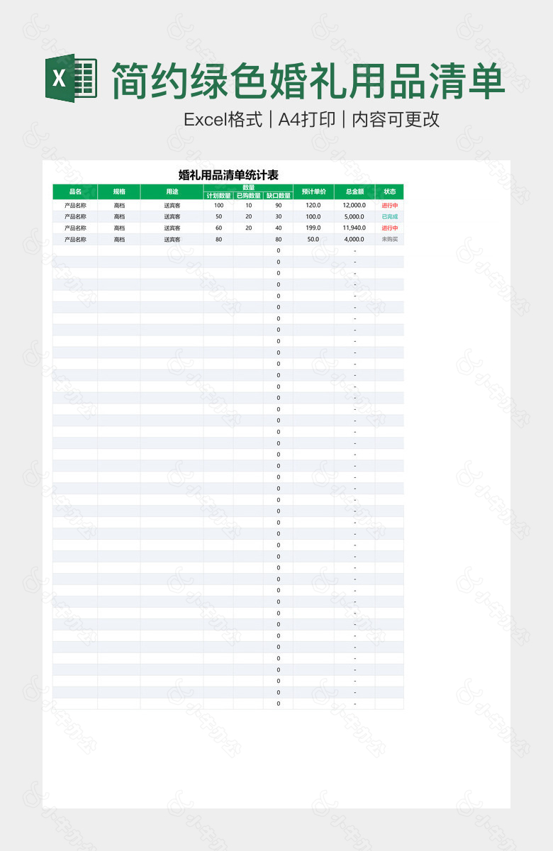 简约绿色婚礼用品清单统计表