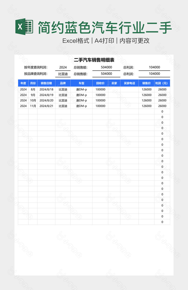 简约蓝色汽车行业二手车销售明细表