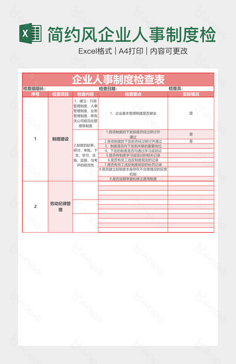 简约风企业人事制度检查表