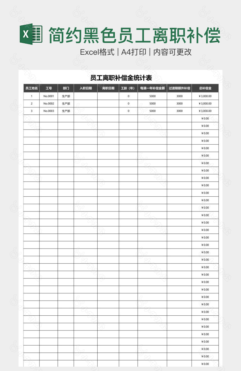 简约黑色员工离职补偿金统计表