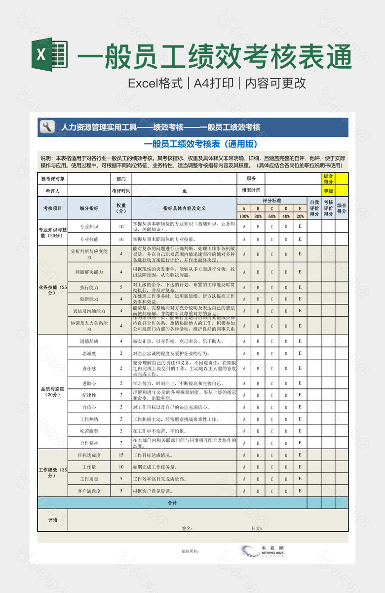 一般员工绩效考核表通用版