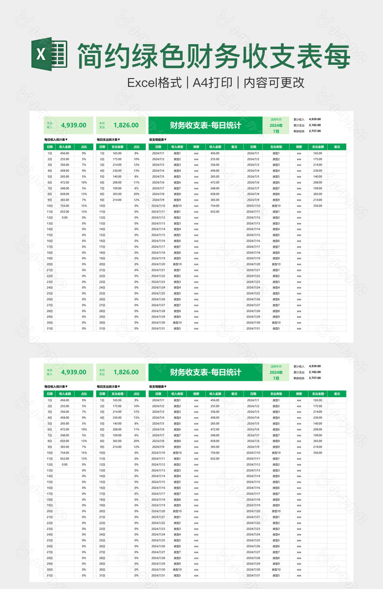 简约绿色财务收支表每日统计