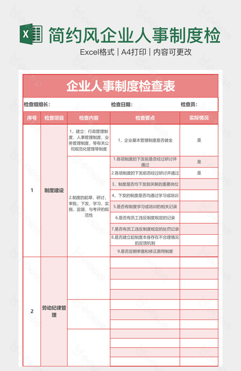 简约风企业人事制度检查表