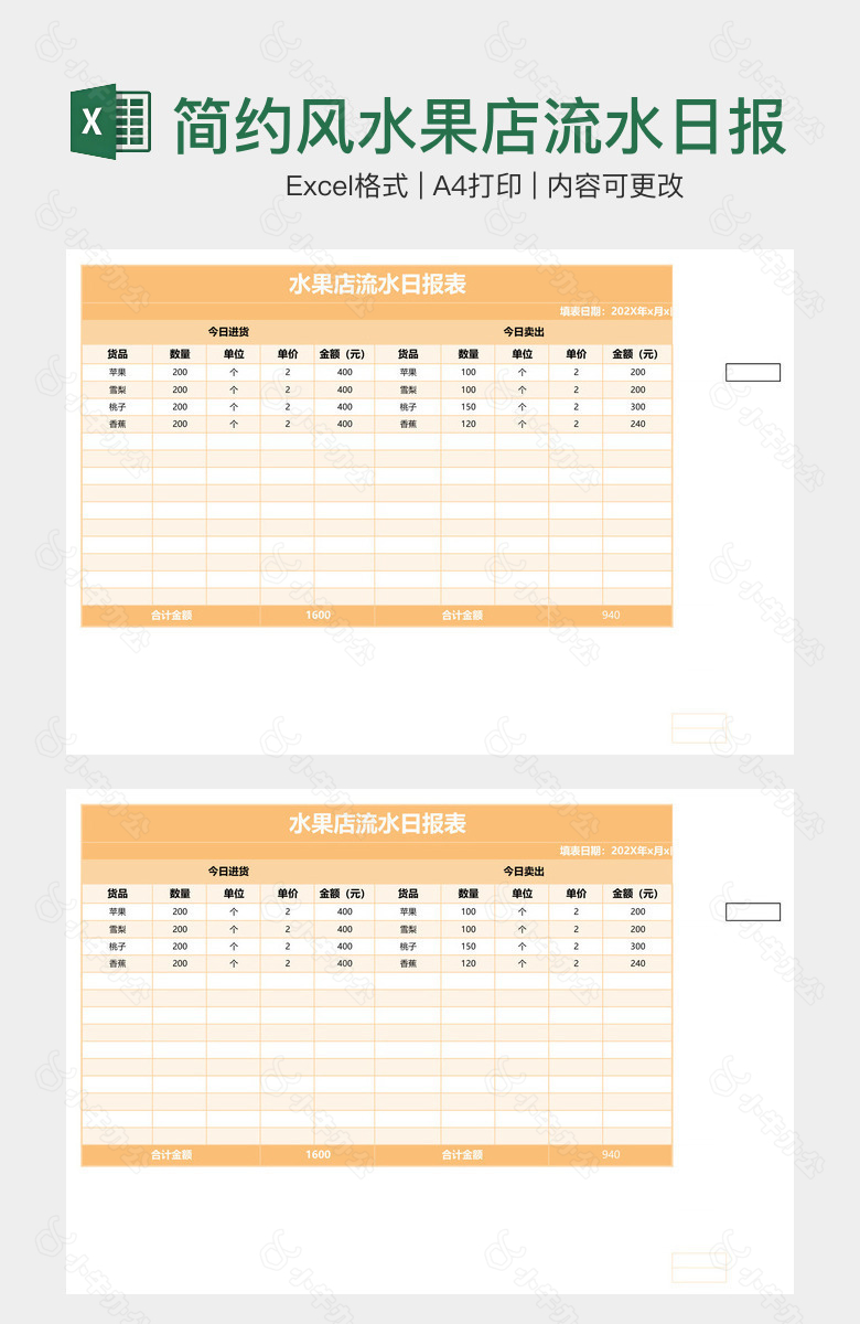 简约风水果店流水日报表