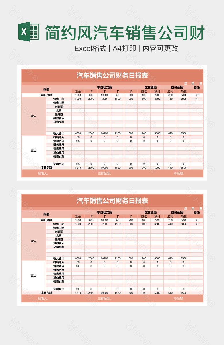 简约风汽车销售公司财务日报表