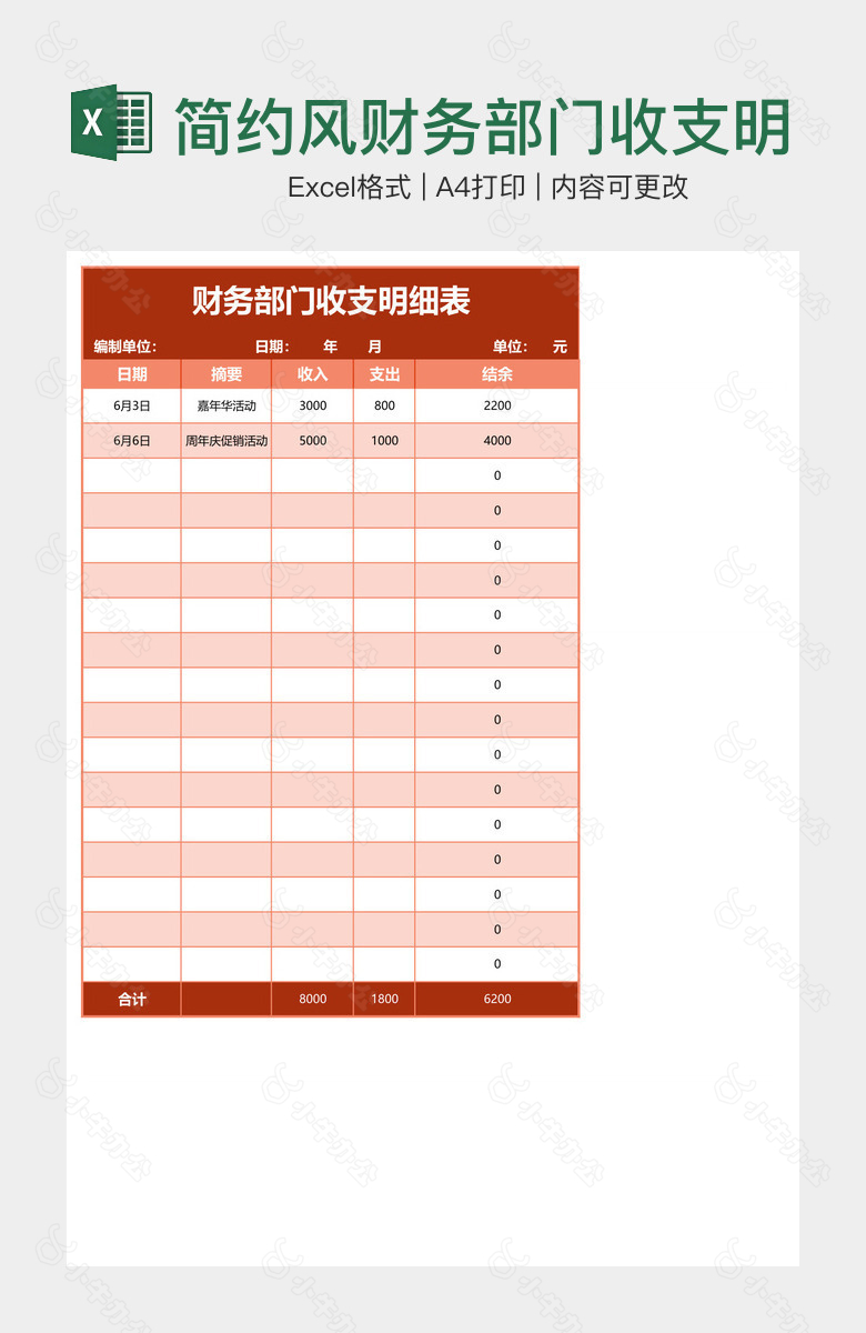 简约风财务部门收支明细表