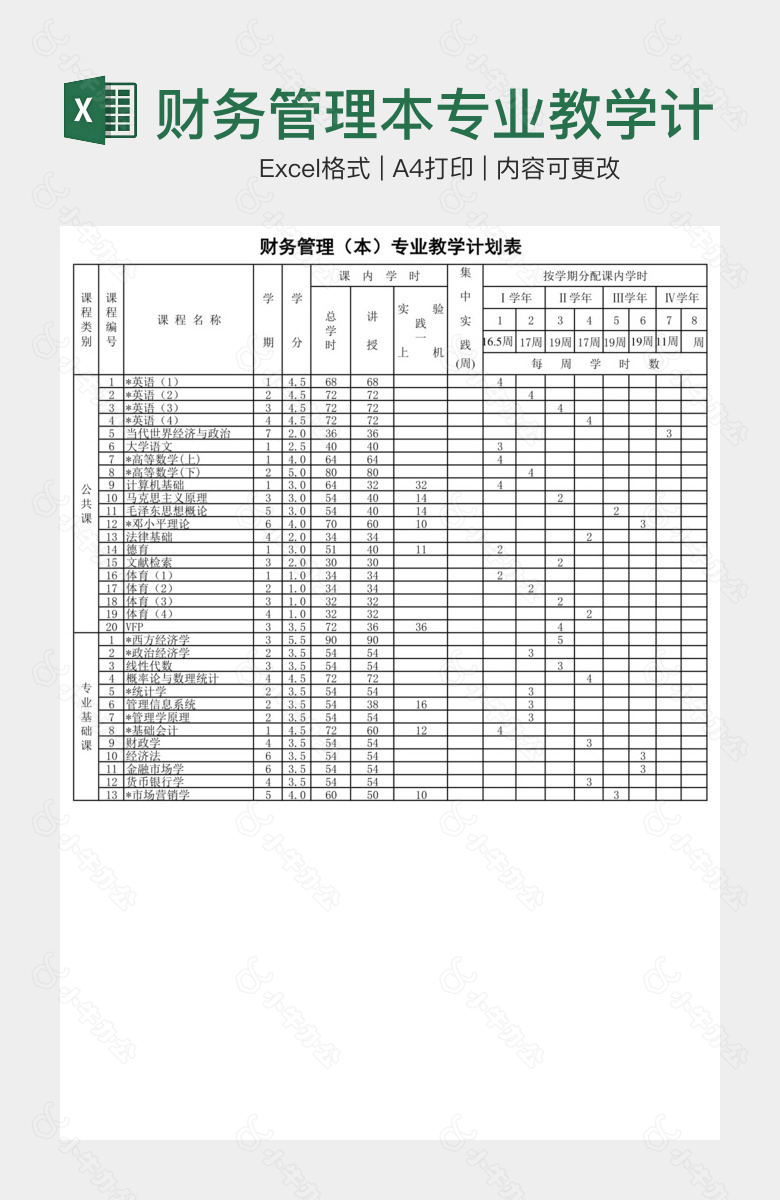 财务管理本专业教学计划表