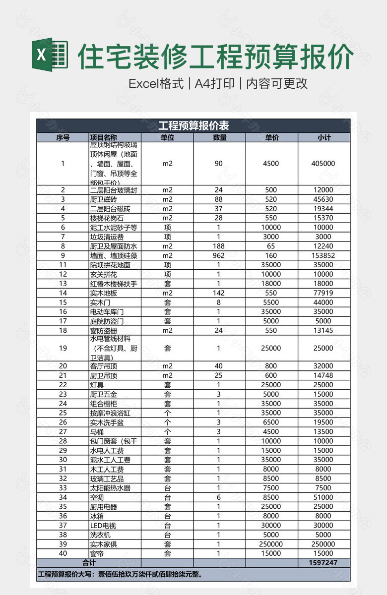 住宅装修工程预算报价表