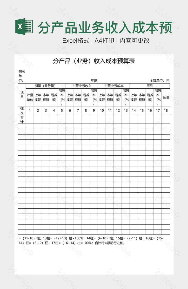 分产品业务收入成本预算表