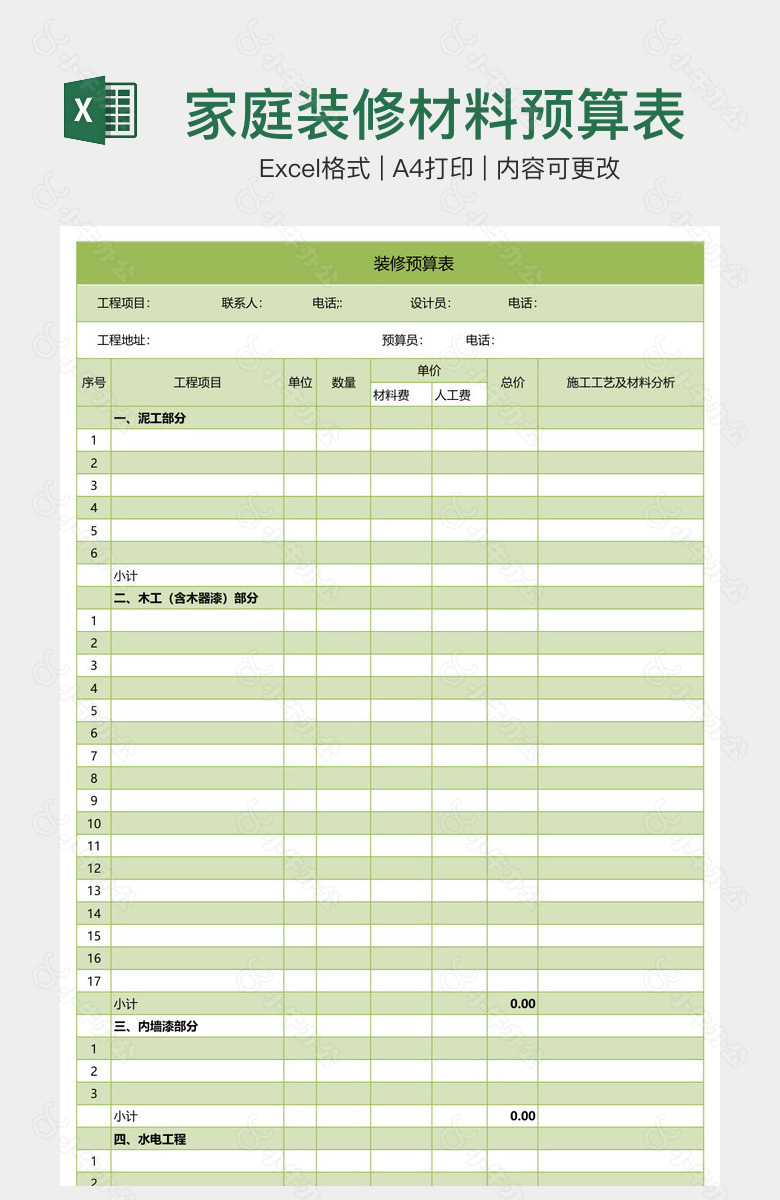 家庭装修材料预算表