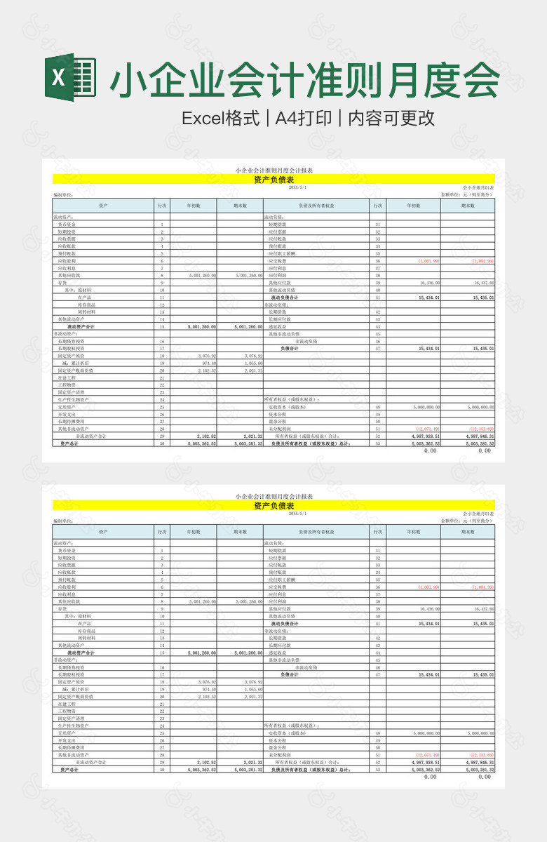 小企业会计准则月度会计报表