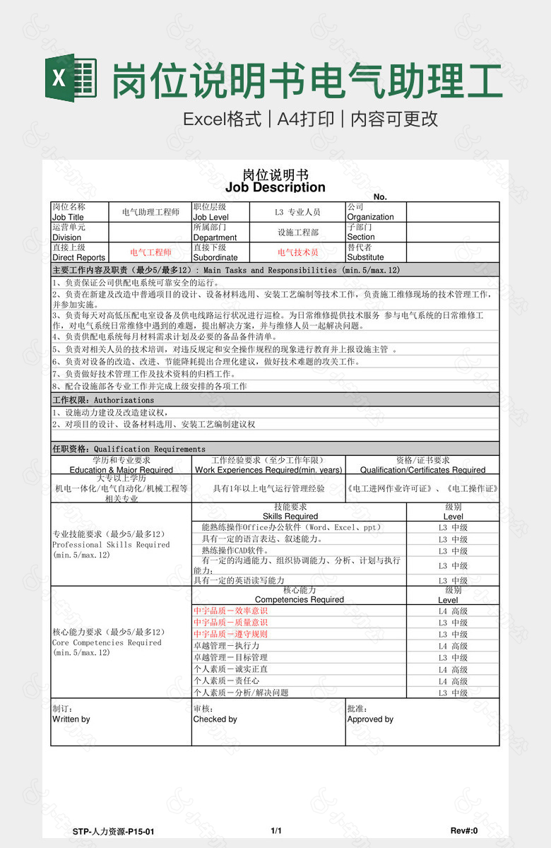 岗位说明书电气助理工程师