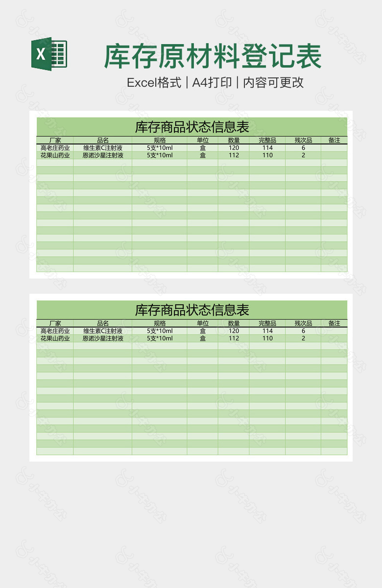 库存原材料登记表