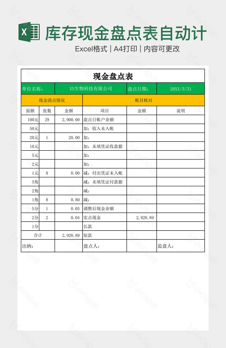 库存现金盘点表自动计算