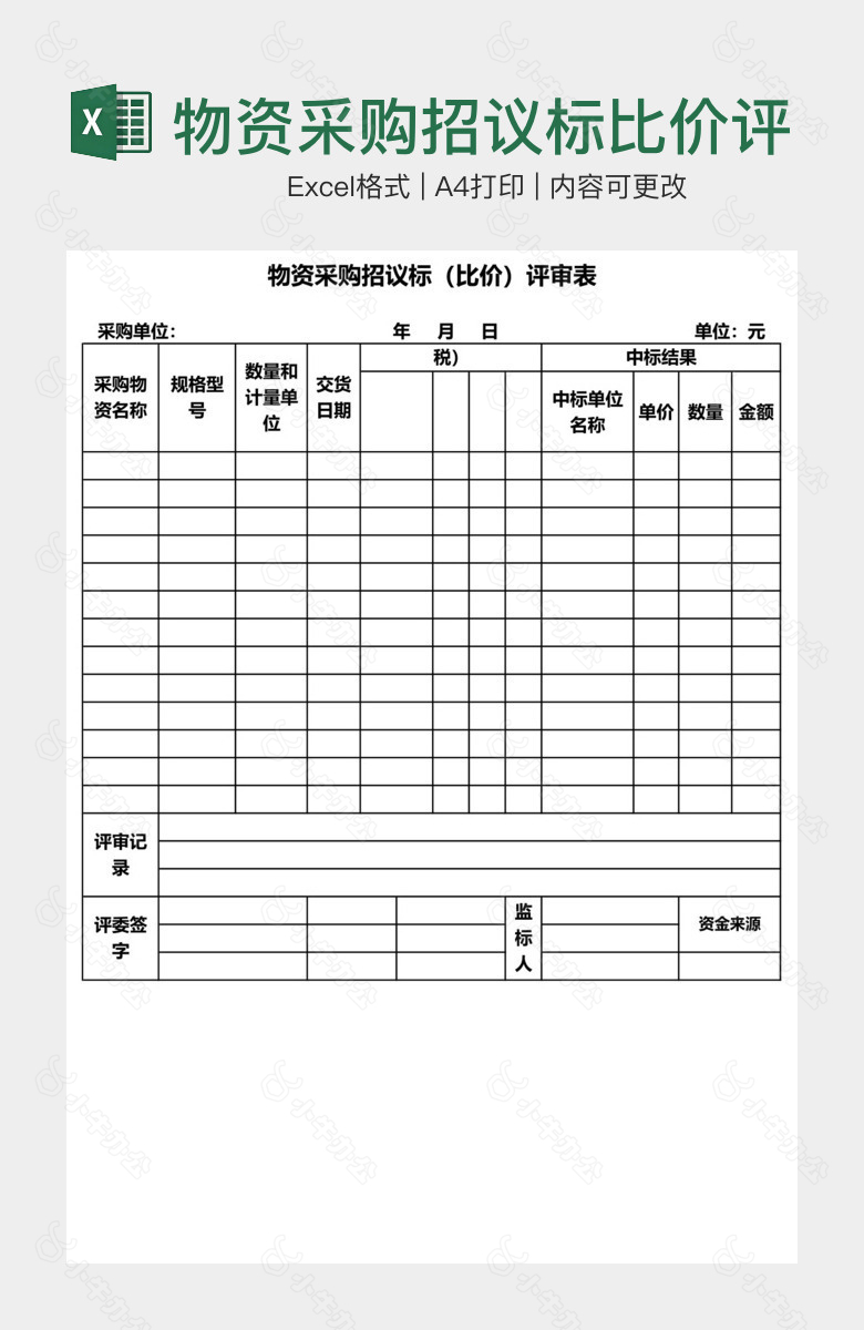 物资采购招议标比价评审表