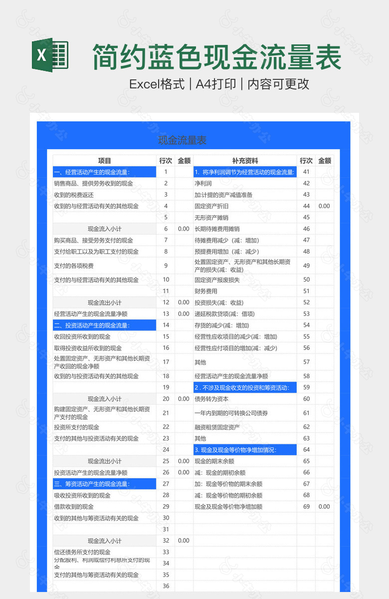 简约蓝色现金流量表