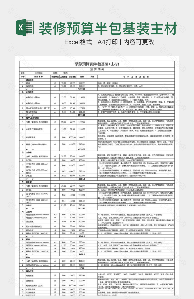 装修预算半包基装主材