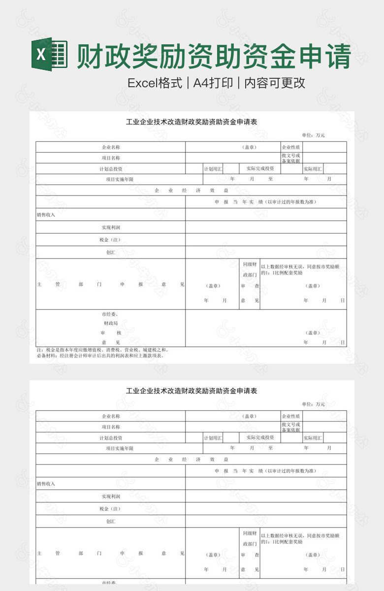 财政奖励资助资金申请表