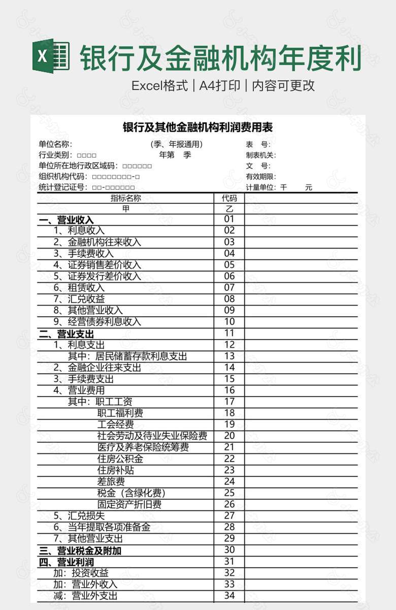 银行及金融机构年度利润费用表